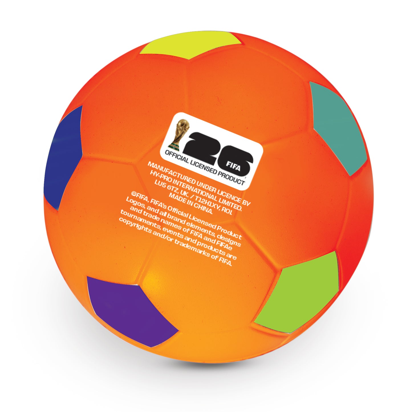 Bottom of Official FIFA World Cup 2026 stress ball by HY-PRO SPORTS in Orange on a white background