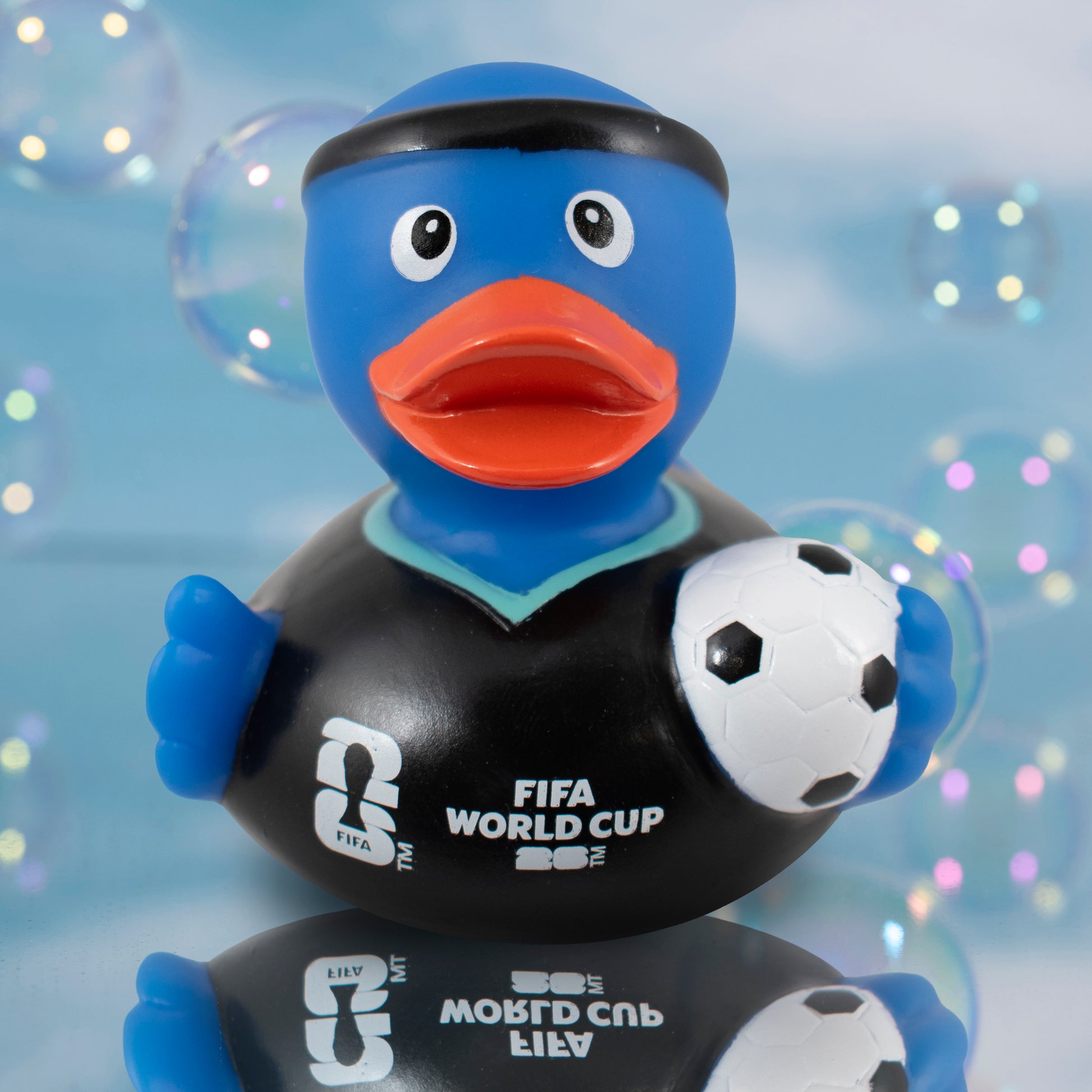 OFFICIAL FIFA WORLD CUP 2026 RUBBER DUCK BY HY-PRO SPORTS WITH A BLUE BUBBLE BACKGROUND