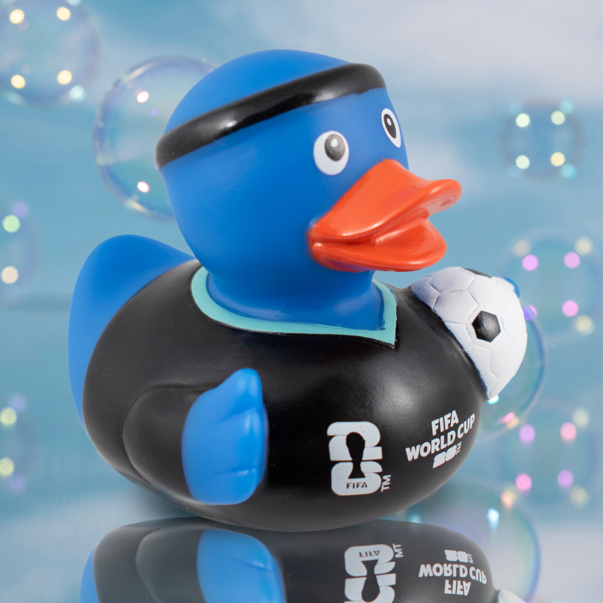 OFFICIALLY LICENSED FIFA WORLD CUP 2026 RUBBER DUCK BY HY-PRO SPORTS ON A BLUE BUBBLE BACKGROUND