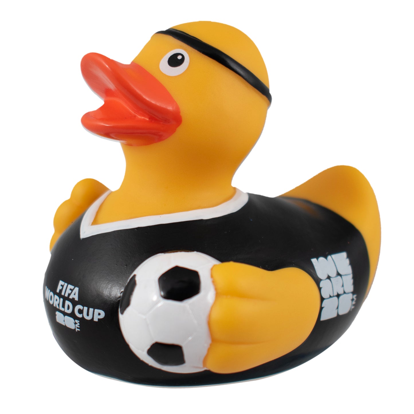 OFFICIALLY LICENSED FIFA WORLD CUP 2026 RUBBER DUCK BY HY-PRO SPORTS IN YELLOW ON A WHITE BACKGROUND