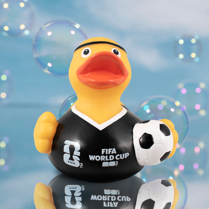 OFFICIALLY LICENSED FIFA WORLD CUP 2026 RUBBER DUCK BY HY-PRO SPORTS IN YELLOW ON BLUE BUBBLE BACGROUND