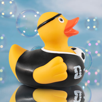 SIDE VIEW OF OFFICIALLY LICENSED FIFA WORLD CUP 2026 RUBBER DUCK BY HY-PRO SPORTS IN YELLOW ON BLUE BUBBLE BACGROUND