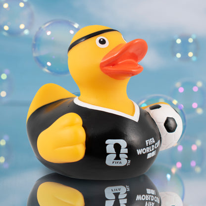 FRONT OF OFFICIALLY LICENSED FIFA WORLD CUP 2026 RUBBER DUCK BY HY-PRO SPORTS IN YELLOW ON BLUE BUBBLE BACGROUND