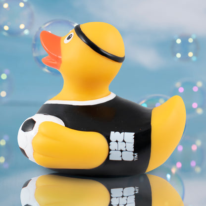 OFFICIALLY LICENSED FIFA WORLD CUP 2026 RUBBER DUCK BY HY-PRO SPORTS IN YELLOW WITH WE ARE 26 ON BLUE BUBBLE BACGROUND