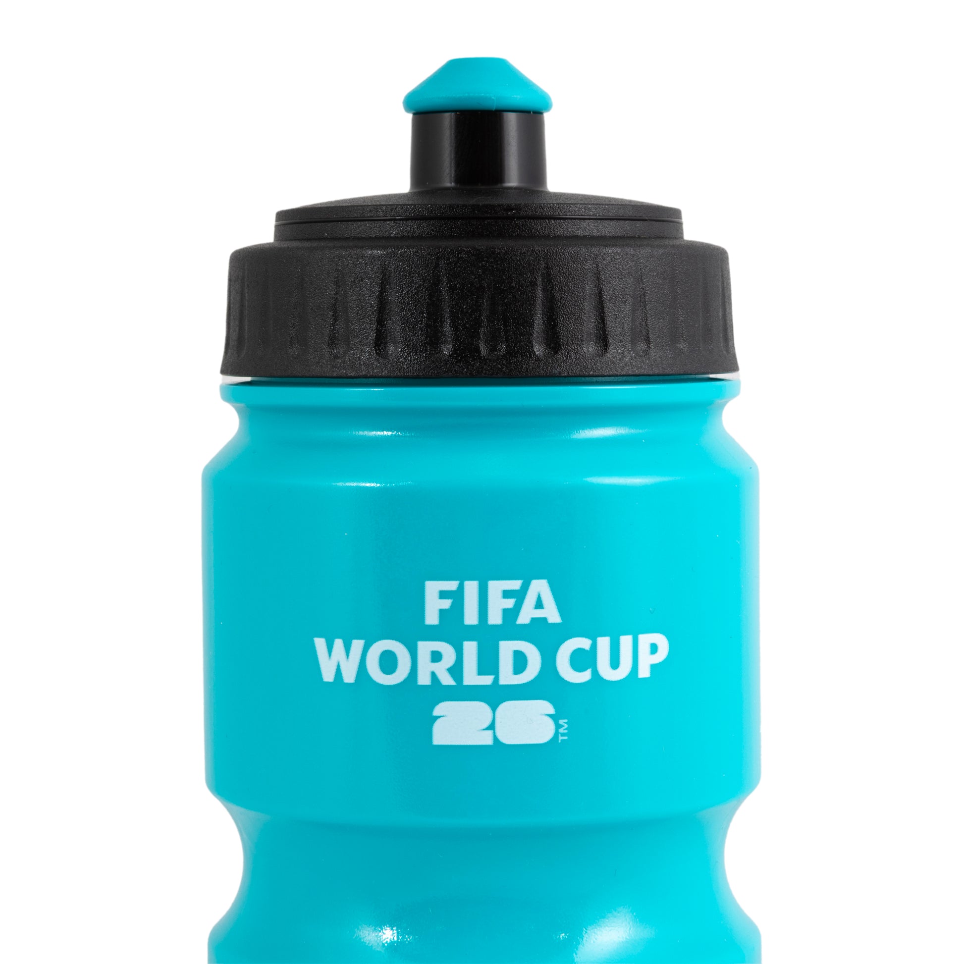 FIFA WORLD CUP 2026 WATER BOTTLE IN AQUA WITH SPORTS CAP AND FIFA LOGO ON A WHITE BACKGROUND