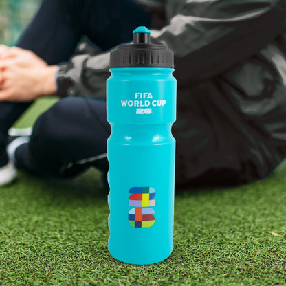 FIFA WORLD CUP 2026 WATER BOTTLE IN AQUA WITH SPORTS CAP AND FIFA LOGO ON A GRASS PITCH