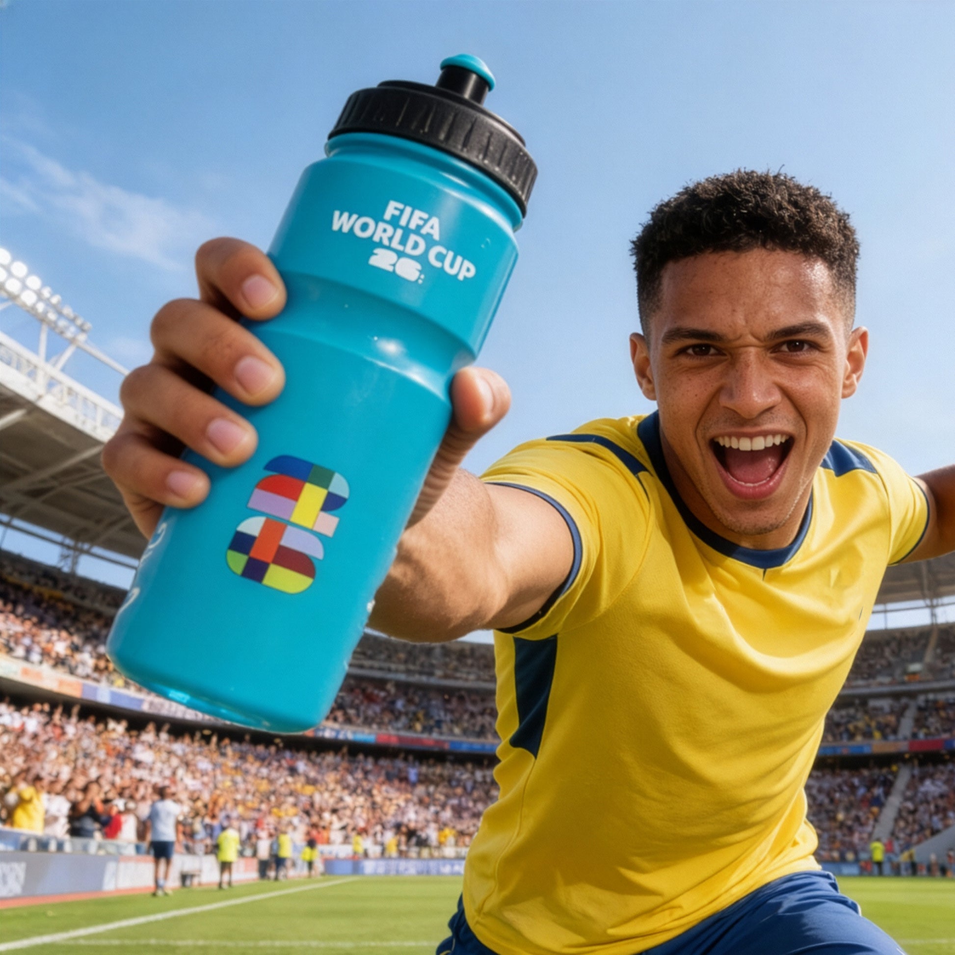 FIFA WORLD CUP 2026 WATER BOTTLE IN AQUA WITH SPORTS CAP BEING HELD BY A FOOTBALL FAN IN A FOOTBALL STADIUM