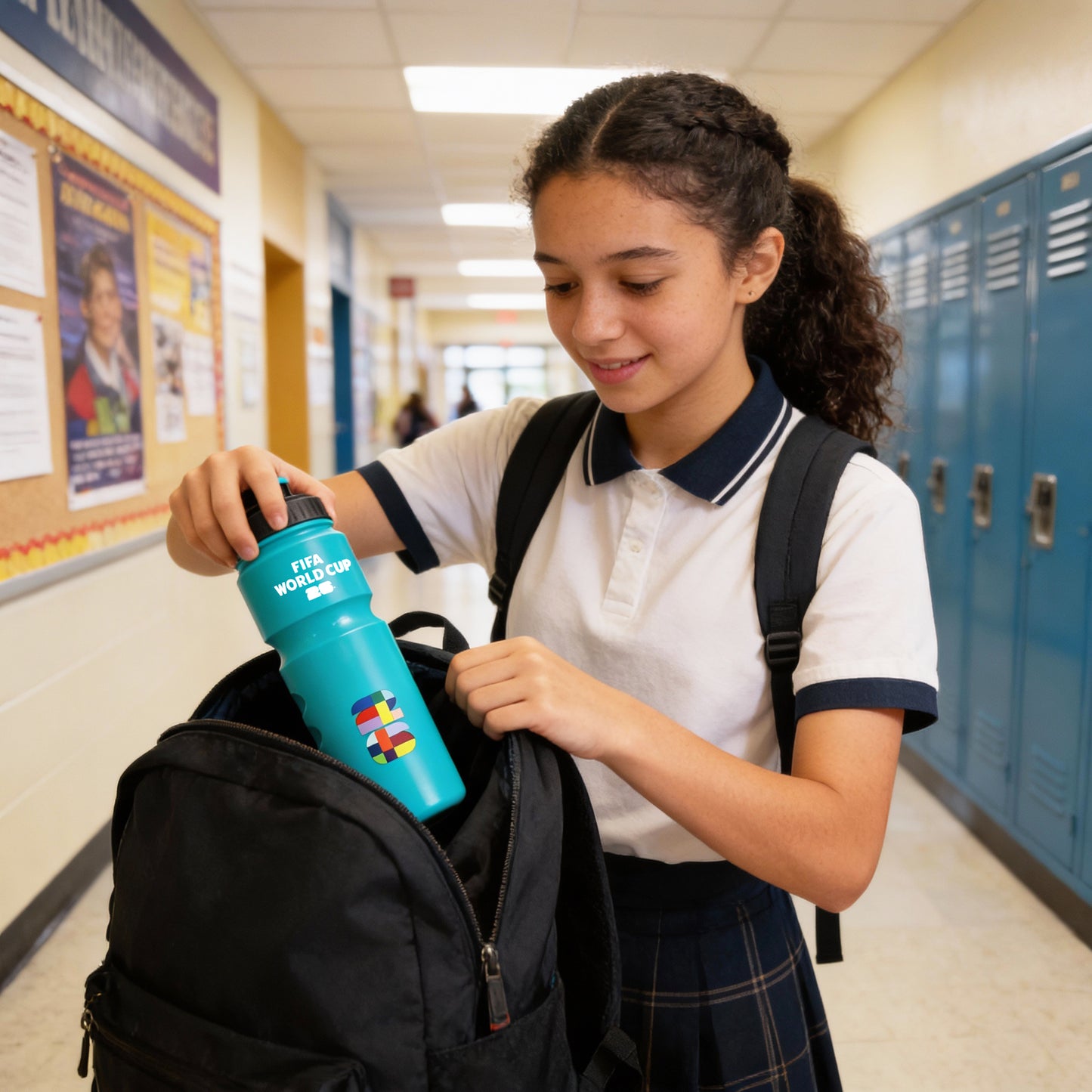 FIFA WORLD CUP 2026 WATER BOTTLE IN AQUA WITH SPORTS CAP BEING PLACED INTO A GIRLS BACK PACK AT SCHOOL