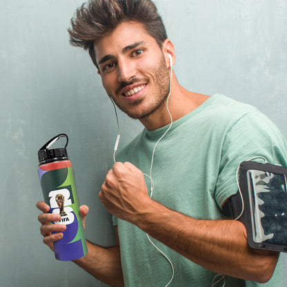 FIFA WORLD CUP 2026 750ML ALUMINIUM WATER BOTTLE BY HY-PRO SPORTS BEING HELD BY A MAN WITH A GREAY BACKGROUND