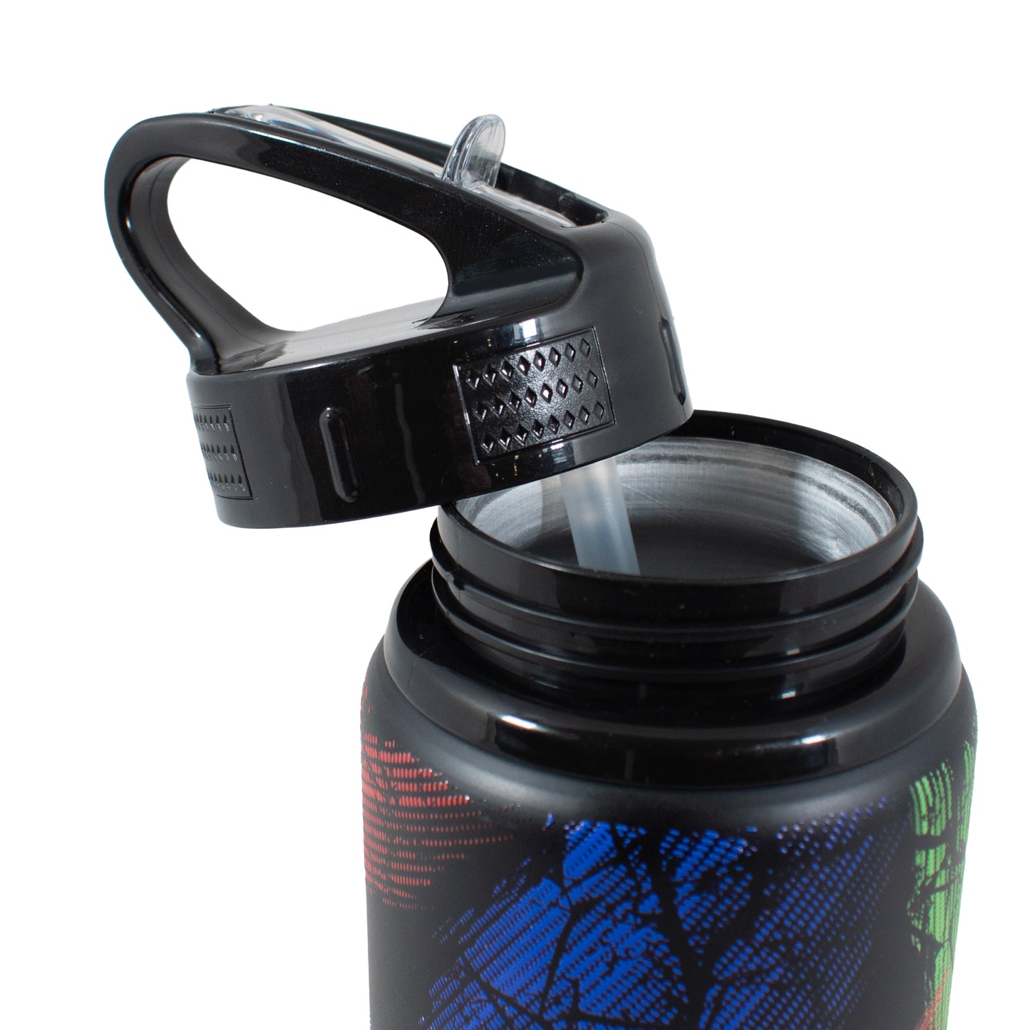 FIFA WORLD CUP 2026 750ML ALUMINIUM WATER BOTTLE BY HY-PRO SPORTS - CLOSE UP ON LID AND STRAW ON A WHITE BACKGROUND 