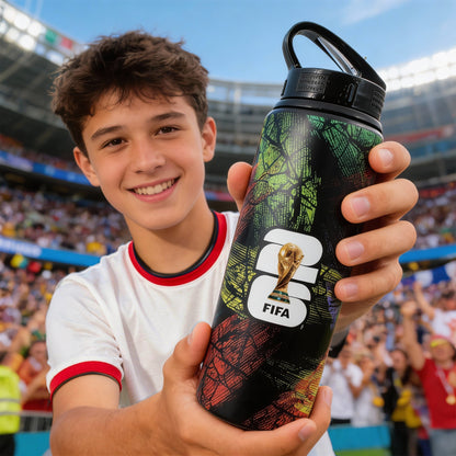 HAPPY CHILD HOLDING FIFA WORLD CUP 2026 750ML ALUMINIUM WATER BOTTLE BY HY-PRO SPORTS ON A WHITE BACKGROUND 