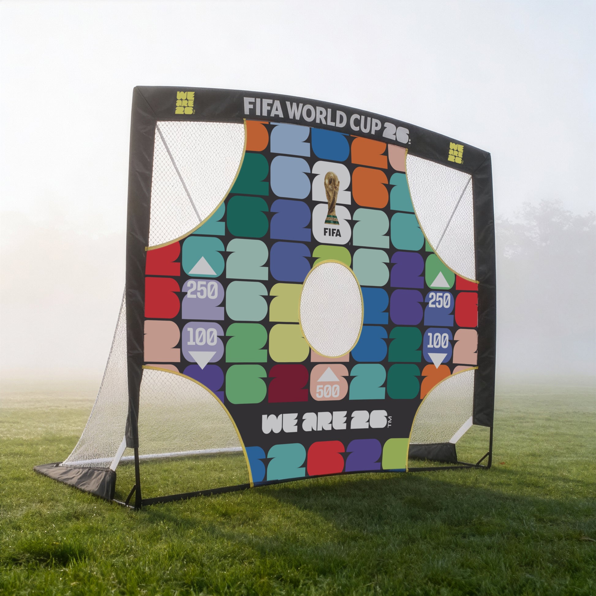 FIFA WORLD CUP 2026 4FT X 3FT FLEXI TARGET GOAL on a grass field with 2-in-1 design by hy-pro sports