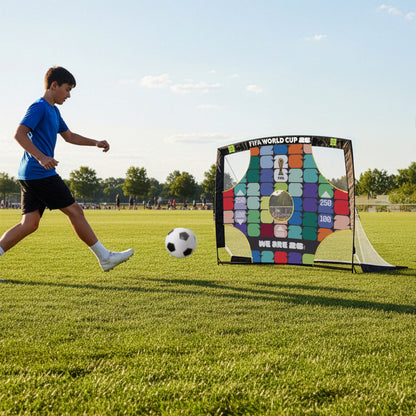 FIFA WORLD CUP 2026 4FT X 3FT FLEXI TARGET GOAL BEING USED IN A FIELD BY A FOOTBALL PLAYER 