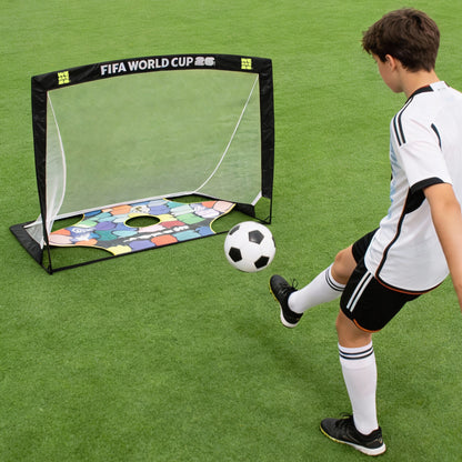 FIFA WORLD CUP 2026 4FT X 3FT FLEXI TARGET GOAL BEING USED AS A TRAINING GOL ON A GRASS FIELD BY A YOUNG FOOTBALL PLAYER 