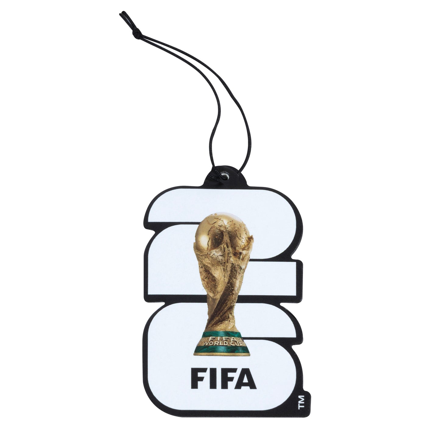 FIFA WORLD CUP 2026 AIR FRESHNER IN BLACK AND WHITE WITH WORLD CUP TROPHY ON A WHITE BACKGROUND