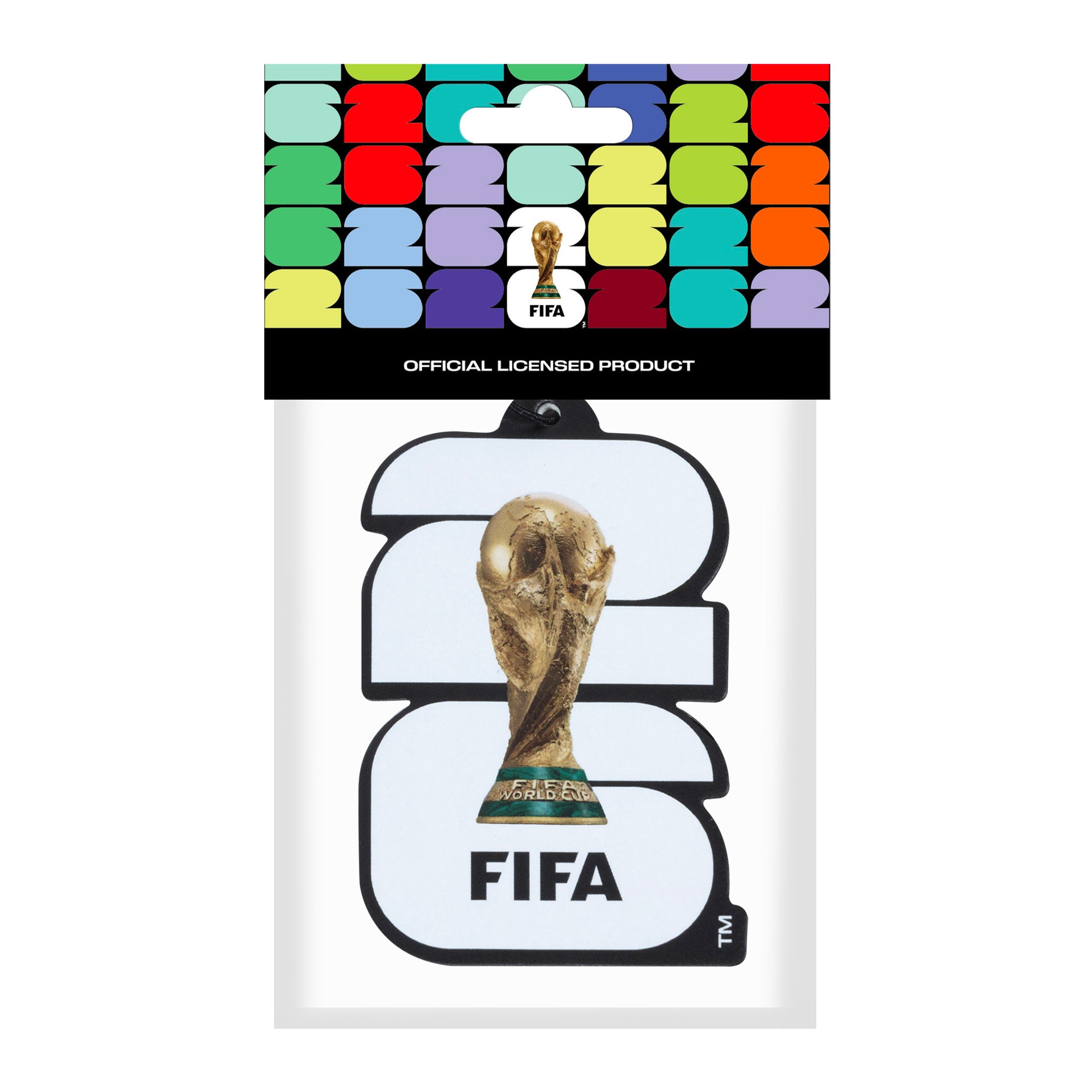 OFFICIALLY LICENSED FIFA WORLD CUP 2026 AIR FRESHNER IN BLACK AND WHITE WITH WORLD CUP TROPHY IN COLOURFUL 26 PACKAGING ON A WHITE BACKGROUND