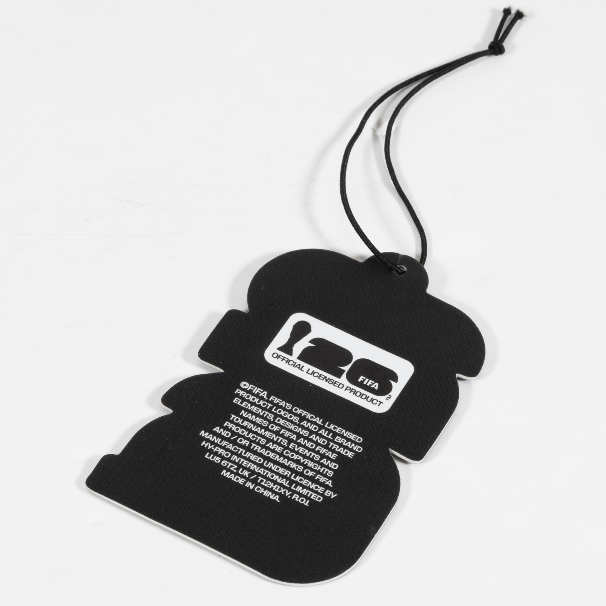 OFFICIALLY LICENSED FIFA WORLD CUP 2026 AIR FRESHNER IN BLACK AND WHITE WITH OFFICIAL LICENSED PRODUCT LOGO ON A WHITE BACKGROUND