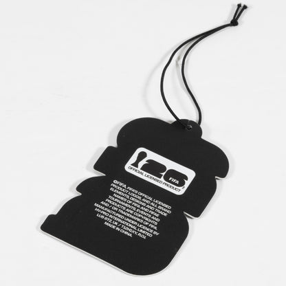 OFFICIALLY LICENSED FIFA WORLD CUP 2026 AIR FRESHNER IN BLACK AND WHITE WITH OFFICIAL LICENSED PRODUCT LOGO ON A WHITE BACKGROUND