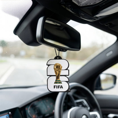 OFFICIALLY LICENSED FIFA WORLD CUP 2026 AIR FRESHNER IN BLACK AND WHITE HANDING FROM A CARS REAR VIEW MIRROR