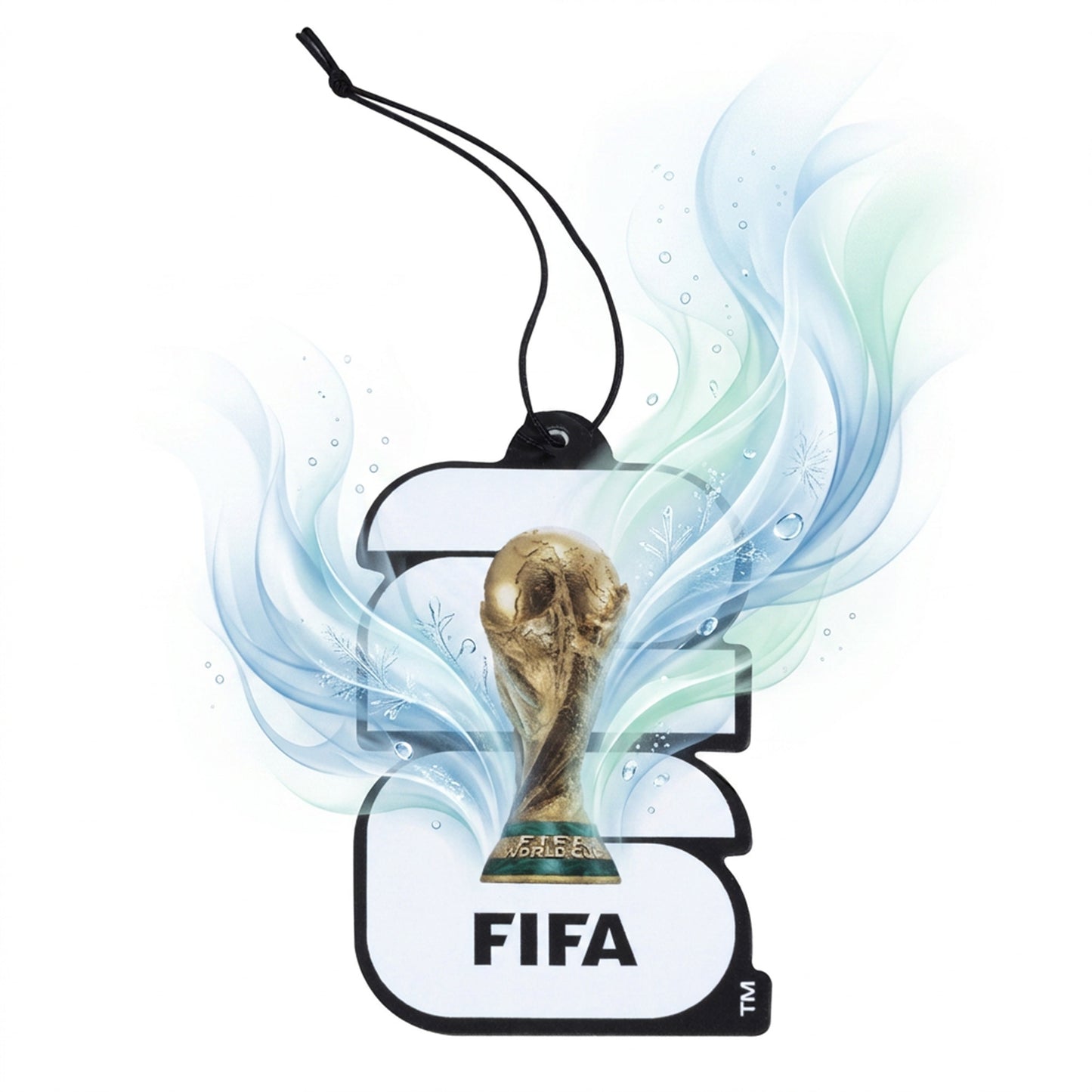 OFFICIALLY LICENSED FIFA WORLD CUP 2026 AIR FRESHNER IN BLACK AND WHITE WITH GRAPHICS TO DEMONSTATRE THE FRESH SMELL