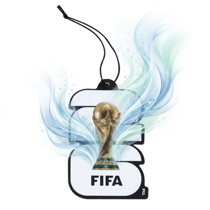 OFFICIALLY LICENSED FIFA WORLD CUP 2026 AIR FRESHNER IN BLACK AND WHITE WITH GRAPHICS TO DEMONSTATRE THE FRESH SMELL