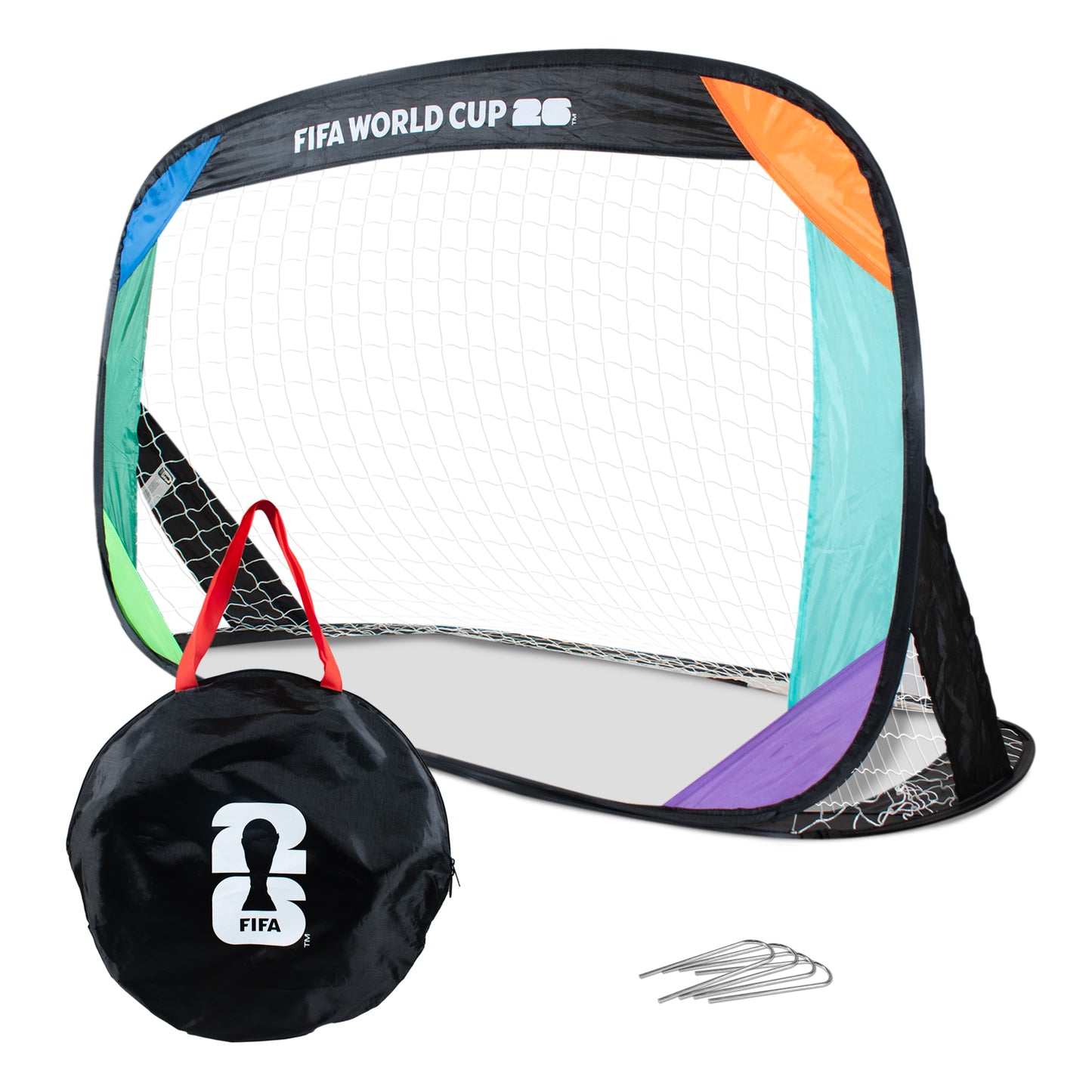 FIFA WORLD CUP 2026 POP UP GOAL BY HY-PRO SPORTS WITH A 26 FIFA BRANDED CARRY BAG ON A WHITE BACKGROUND