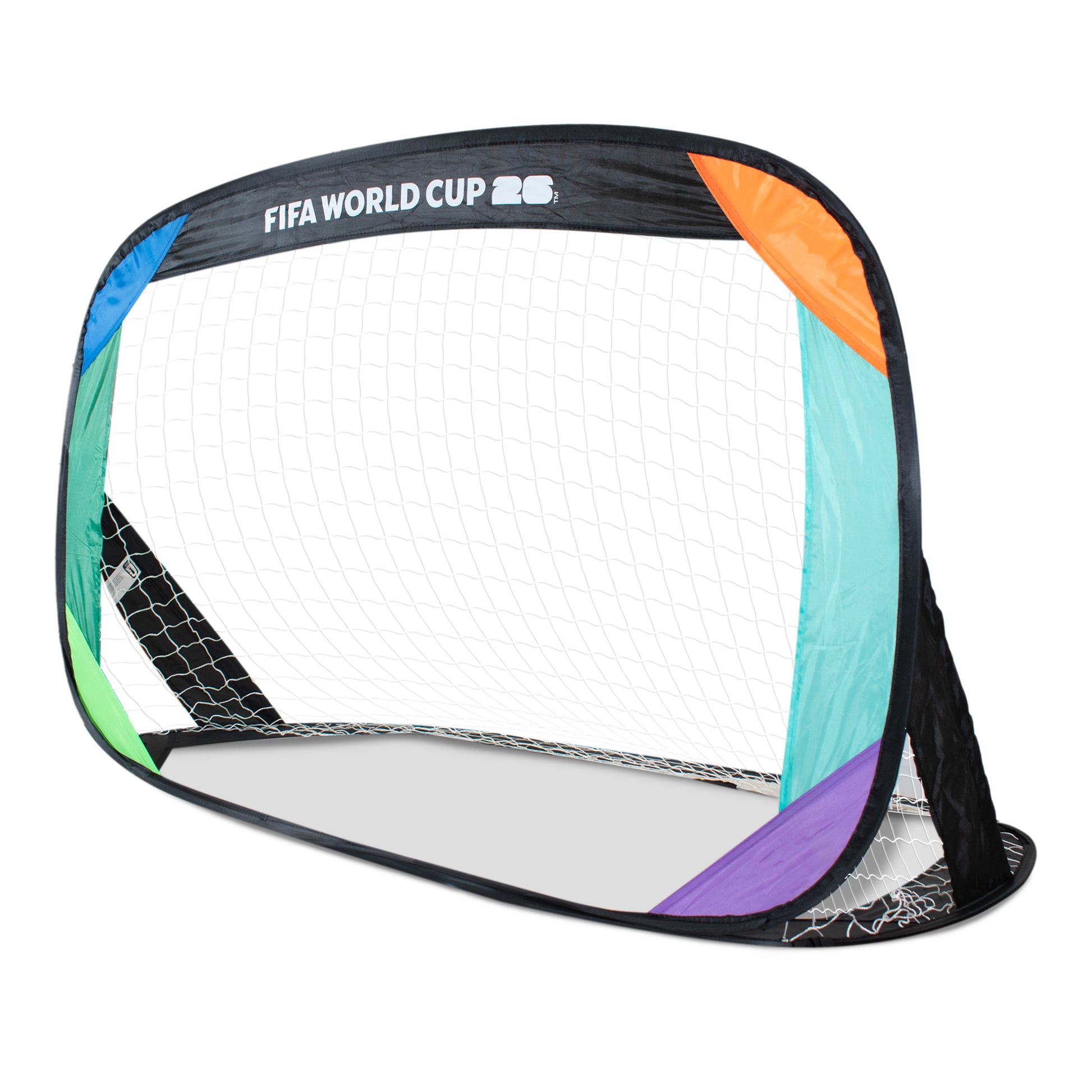 FIFA WORLD CUP 2026 POP UP GOAL WITH COLOURFUL DESIGN BY HY-PRO SPORTS  ON A WHITE BACKGROUND