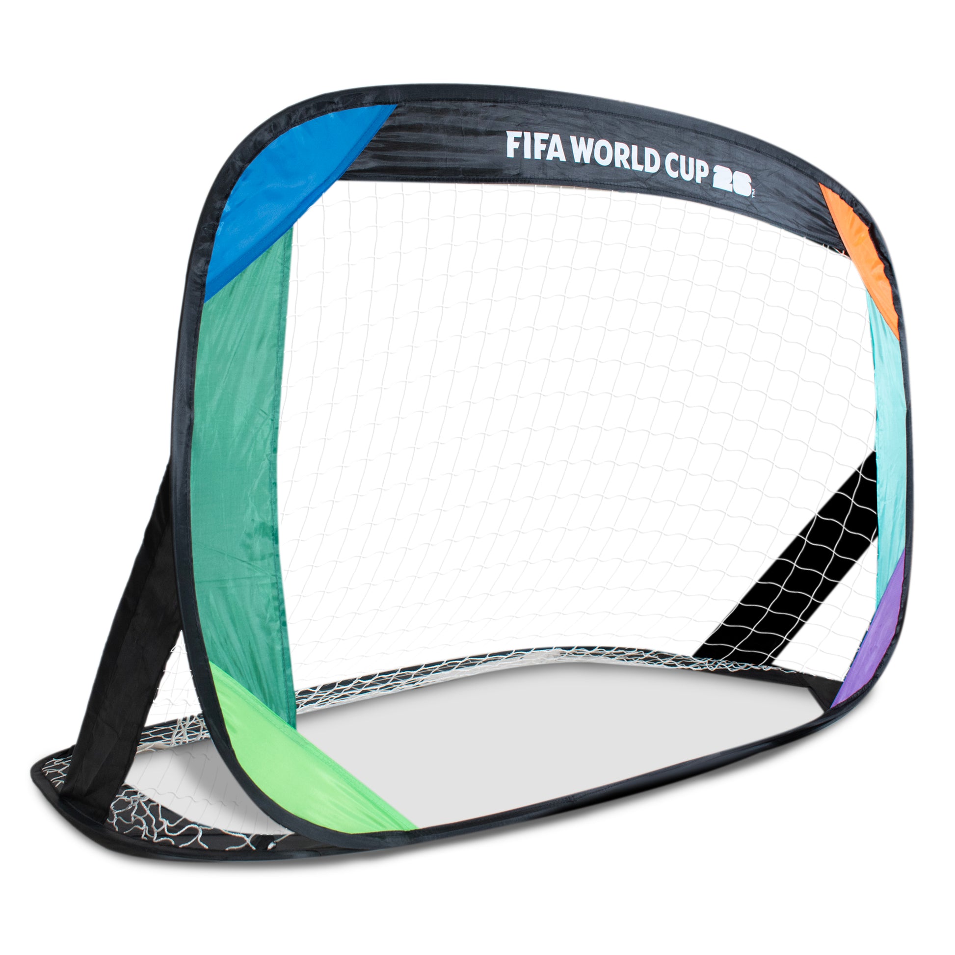 FIFA WORLD CUP 2026 COLOURFUL POP UP GOAL BY HY-PRO SPORTS WITH A 26 FIFA BRANDED CARRY BAG ON A WHITE BACKGROUND
