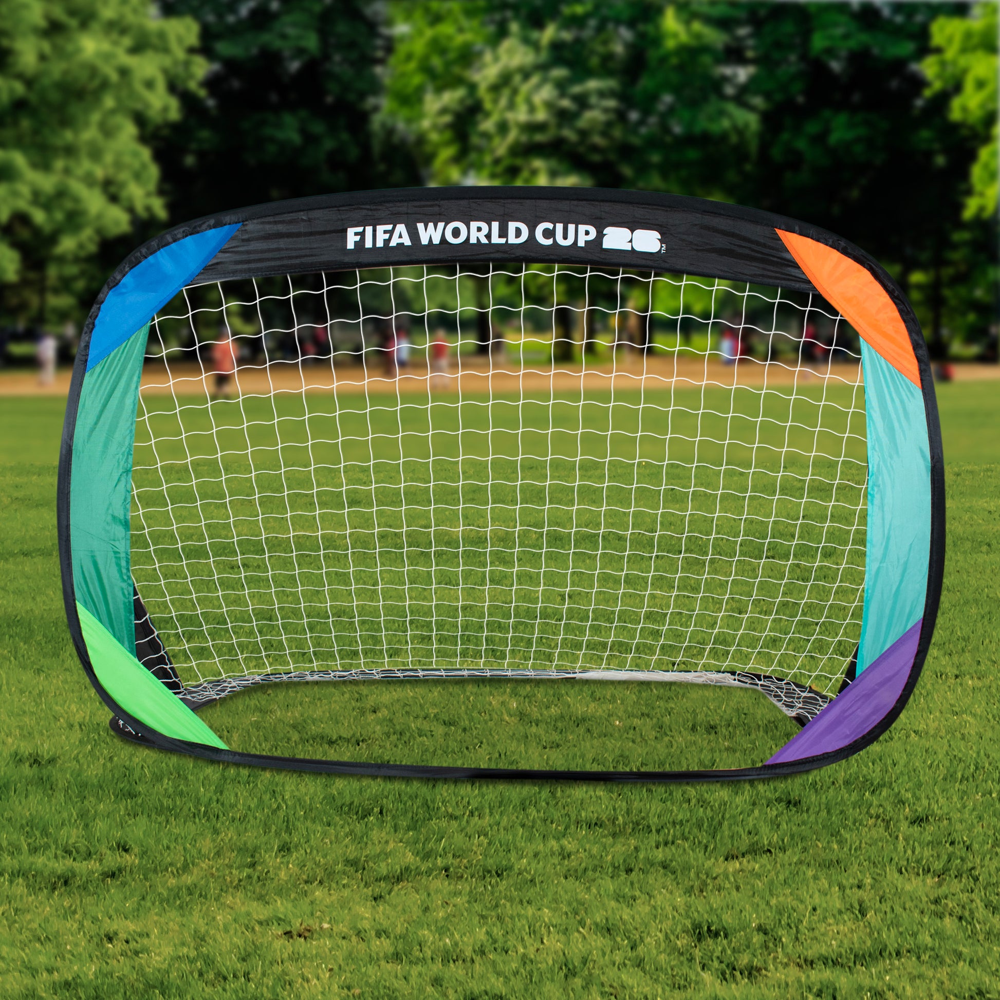 FIFA WORLD CUP 2026 POP UP GOAL BY HY-PRO SPORTS WITH A 26 FIFA BRANDING ON A GRASS FIELD