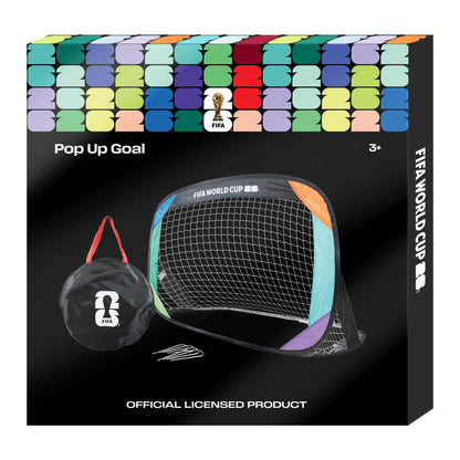 FIFA WORLD CUP 2026 POP UP GOAL BY HY-PRO SPORTS WITH A 26 FIFA BRANDED CARRY BAG INSIDE A FIFA BRANDED BOX ON A WHITE BACKGROUND