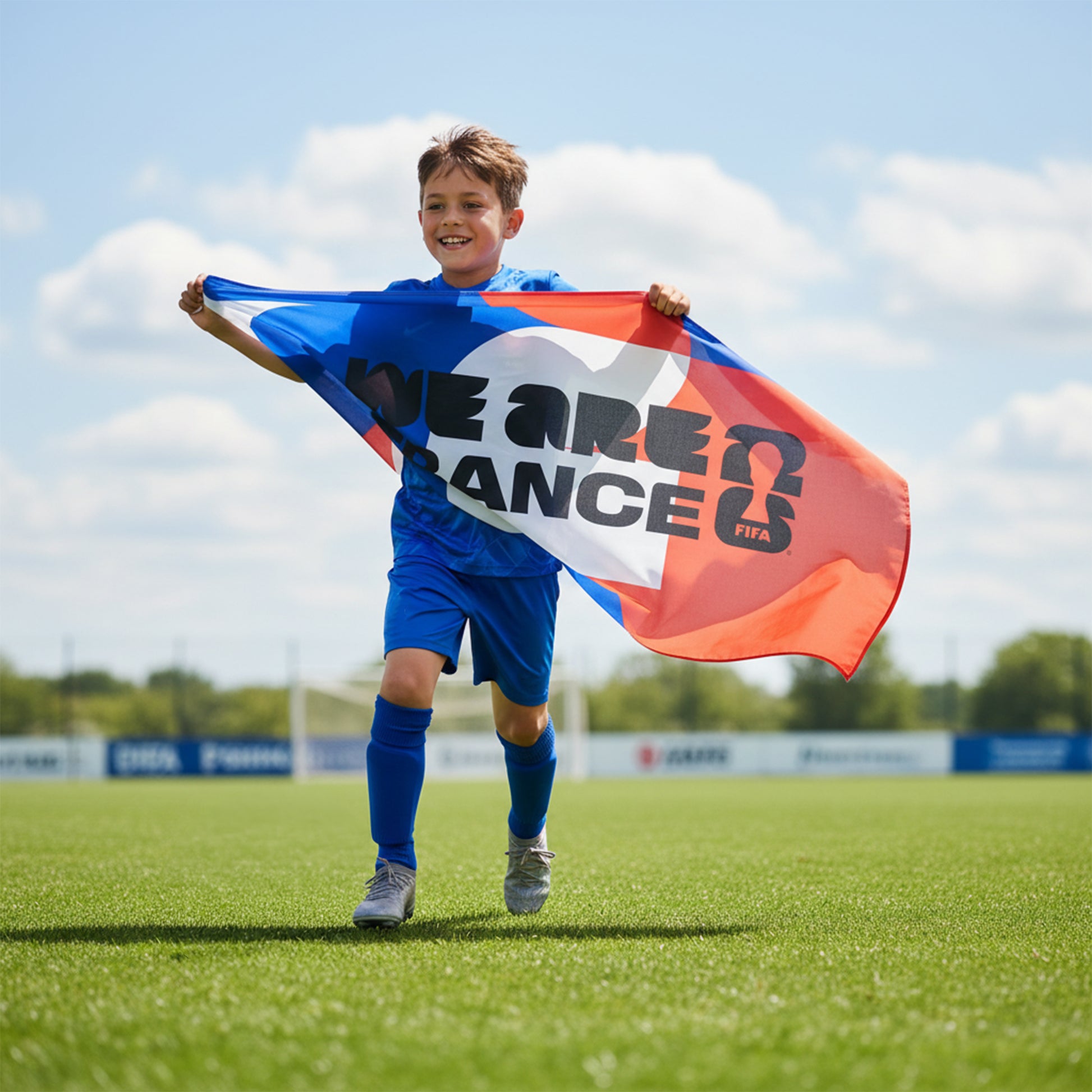 Child running along with the OFFICIAL FIFA WORLD CUP 2026 5FT X 3FT FLAG - FRANCE