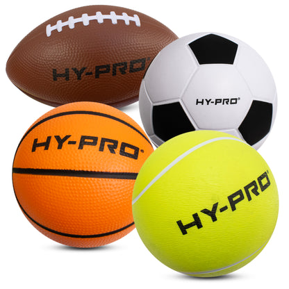 Hy-Pro Foam Ball Set with American Football, Football, Basketball and Tennis ball on a white background. Football toys