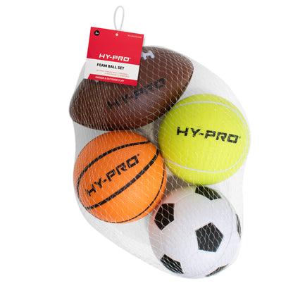 4 miniature foam balls by Hy-Pro Sports in net packaging. Football toys