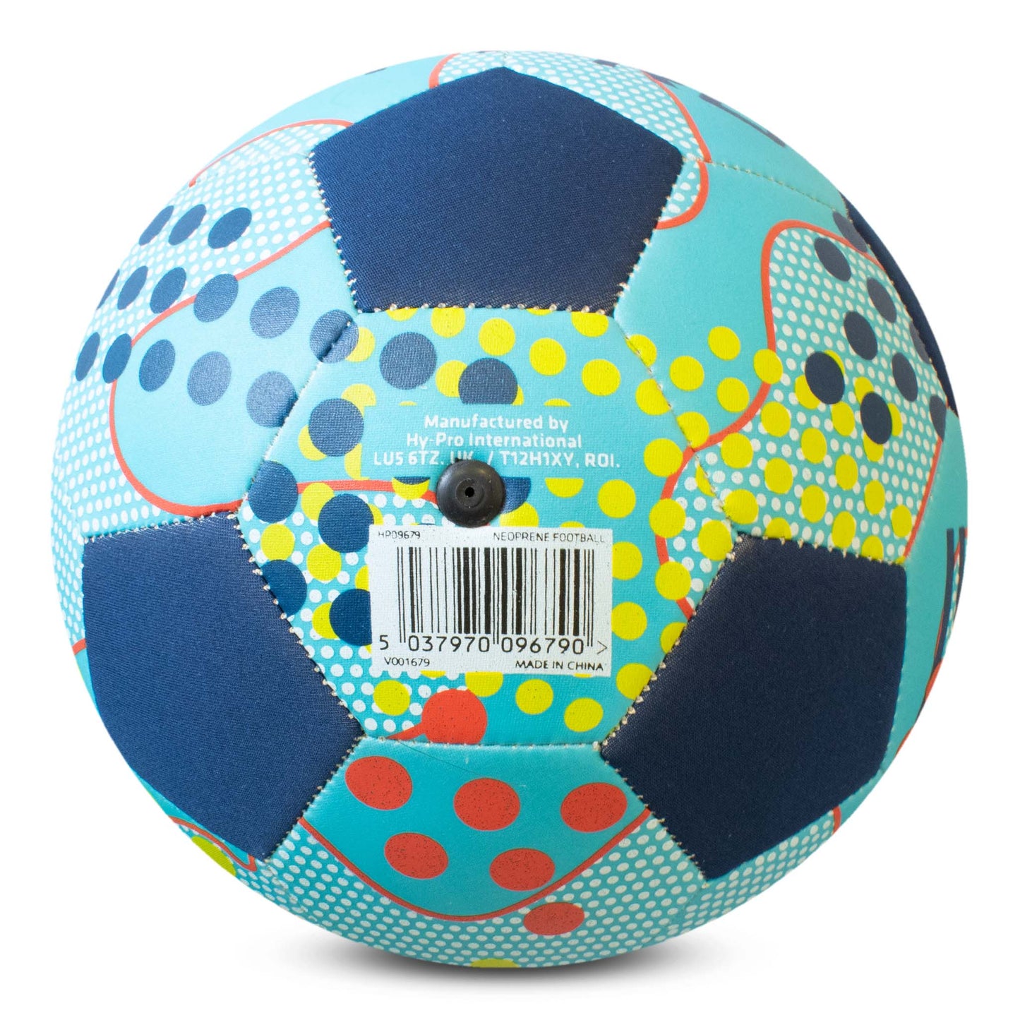 Base of Hy-Pro size 5 Neoprene Football in blue with abstract design on a white background