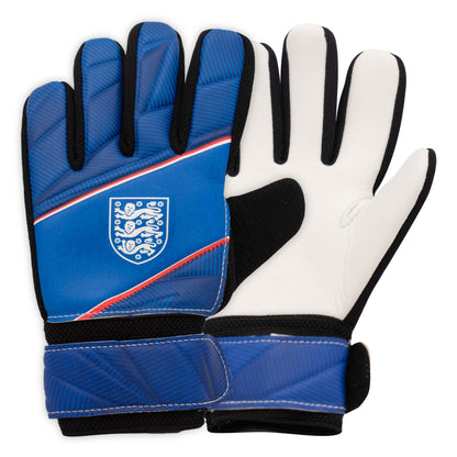 Officially Licensed England 3 lions goal keeper gloves in blue with white inside on a white background