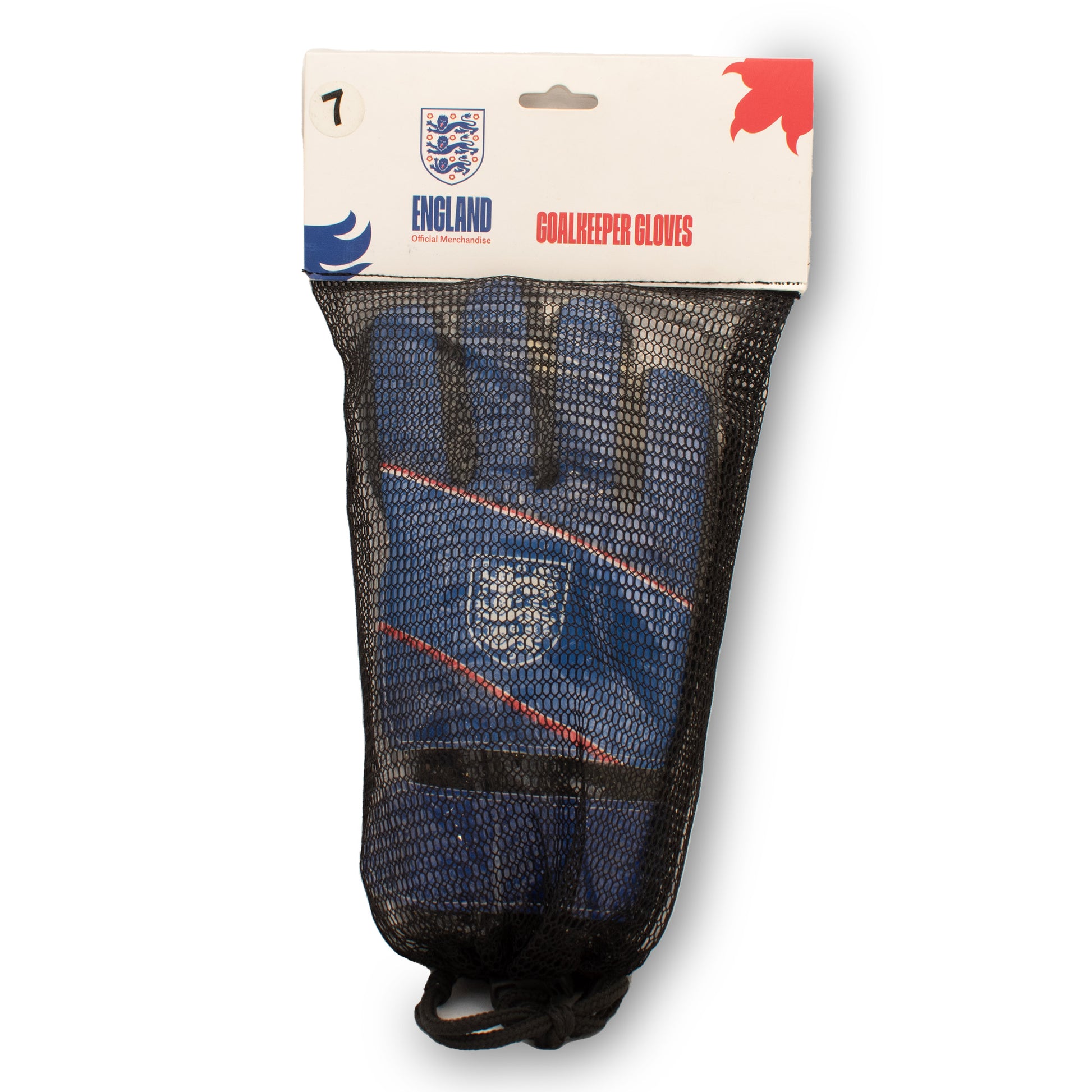 Officially Licensed England 3 lions goal keeper gloves in blue packaged in a black mesh carry bag on a white background