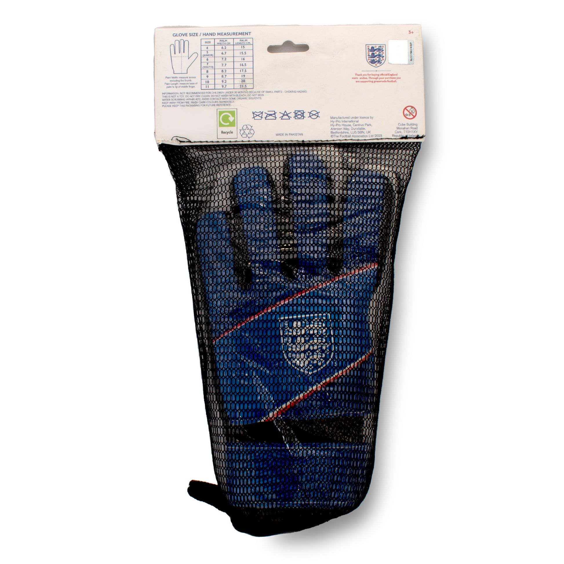 Officially Licensed England 3 lions goal keeper gloves in blue with black mesh packaging and size chart on a white background