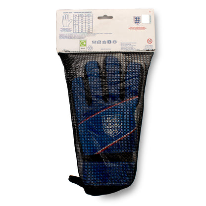 Officially Licensed England 3 lions goal keeper gloves in blue with black mesh packaging and size chart on a white background