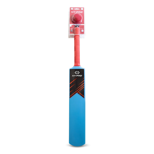 Hy-Pro Cricket Bat & Ball in Blue and red on a white background