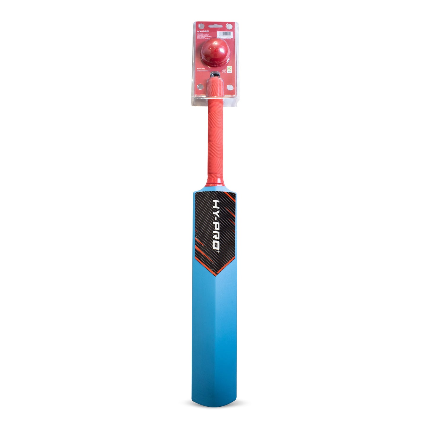 Hy-Pro Cricket Bat & Ball in Blue and red  in it's packaging on a white background