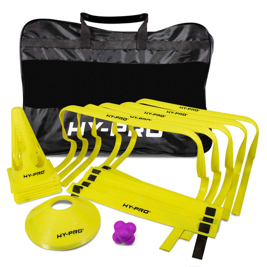 Hy-Pro Agility training set perfect for Agility drills. Includes, Agility hurdles, Agility ladder, traffic cones, flat cones and reaction ball. On a white background.