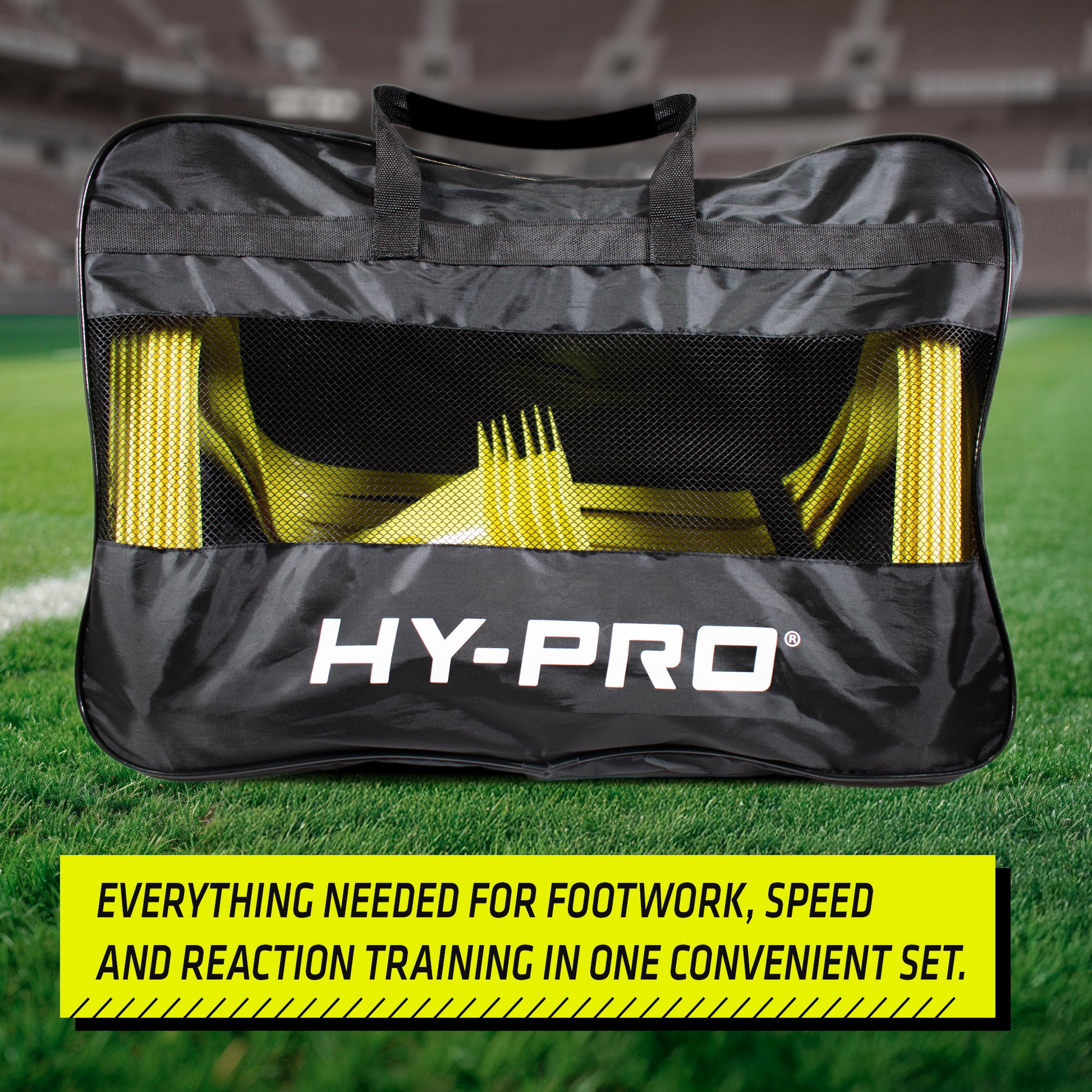Hy-Pro Agility training set perfect for Agility drills. Includes, Agility hurdles, Agility ladder, traffic cones, flat cones and reaction ball. all packed away in a black case with a grass background