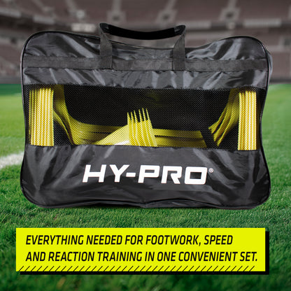 Hy-Pro Agility training set perfect for Agility drills. Includes, Agility hurdles, Agility ladder, traffic cones, flat cones and reaction ball. all packed away in a black case with a grass background
