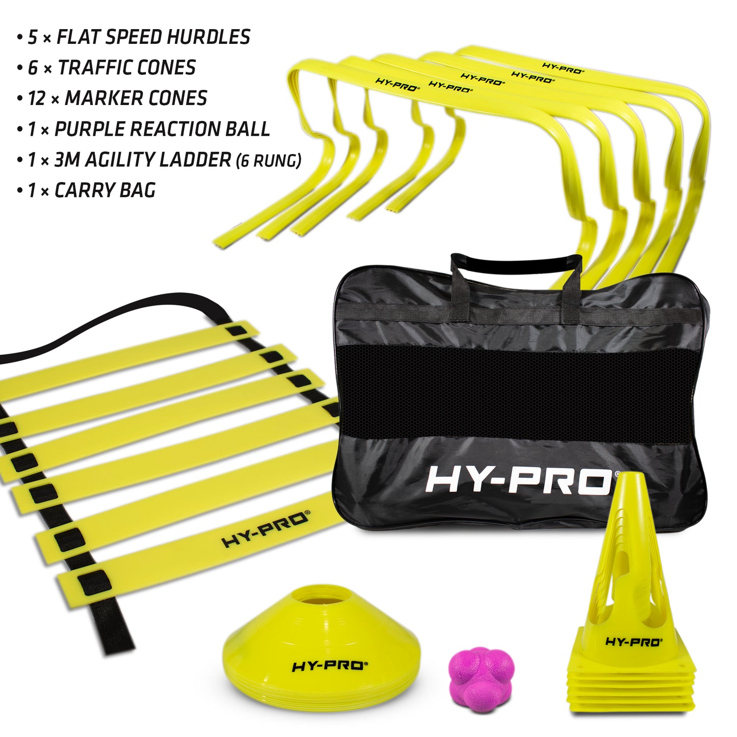 Hy-Pro Agility training set perfect for Agility drills. Includes, Agility hurdles, Agility ladder, traffic cones, flat cones, reaction ball and carry bag all on a white background with products listed top left corner.