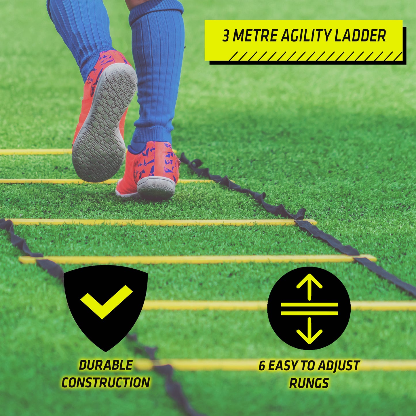 3m agility ladder with 6 easy to adjust rungs being used by a football player on grass