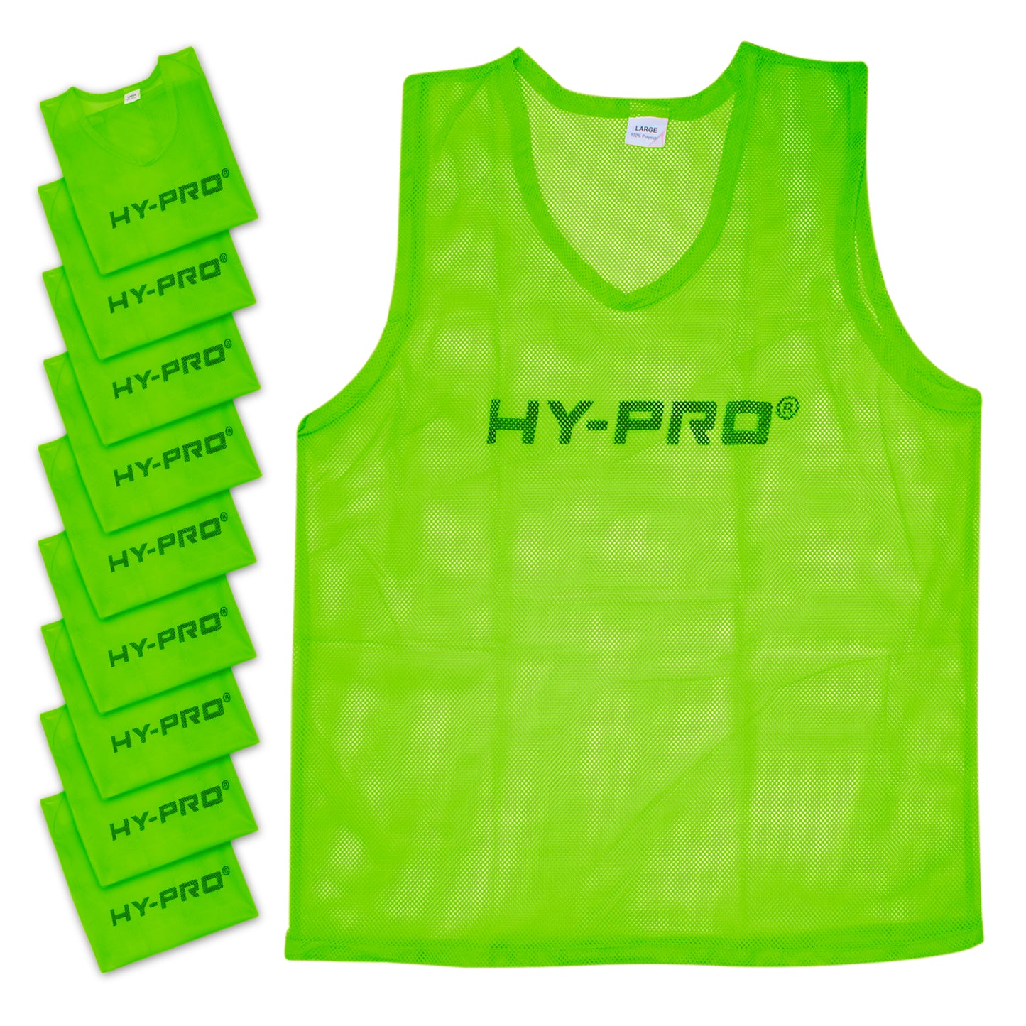Bright Green Hy-Pro sports bib with folded bibs down the side on a white background 