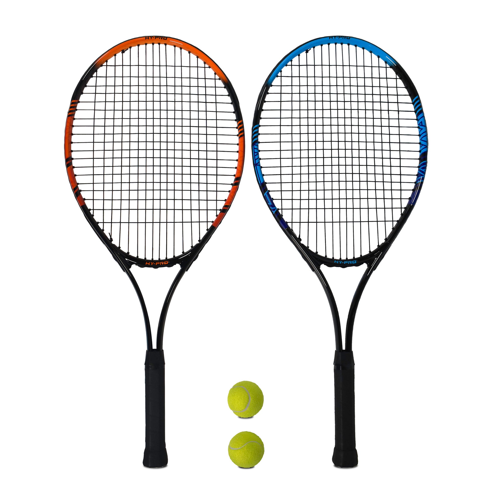 2 person tennis set on a white background. Featuring 1 red 27" racket and one blue 27" racket and 2 tennis balls.