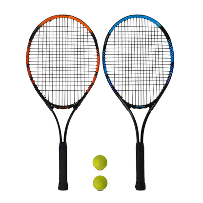 2 person tennis set on a white background. Featuring 1 red 27" racket and one blue 27" racket and 2 tennis balls.