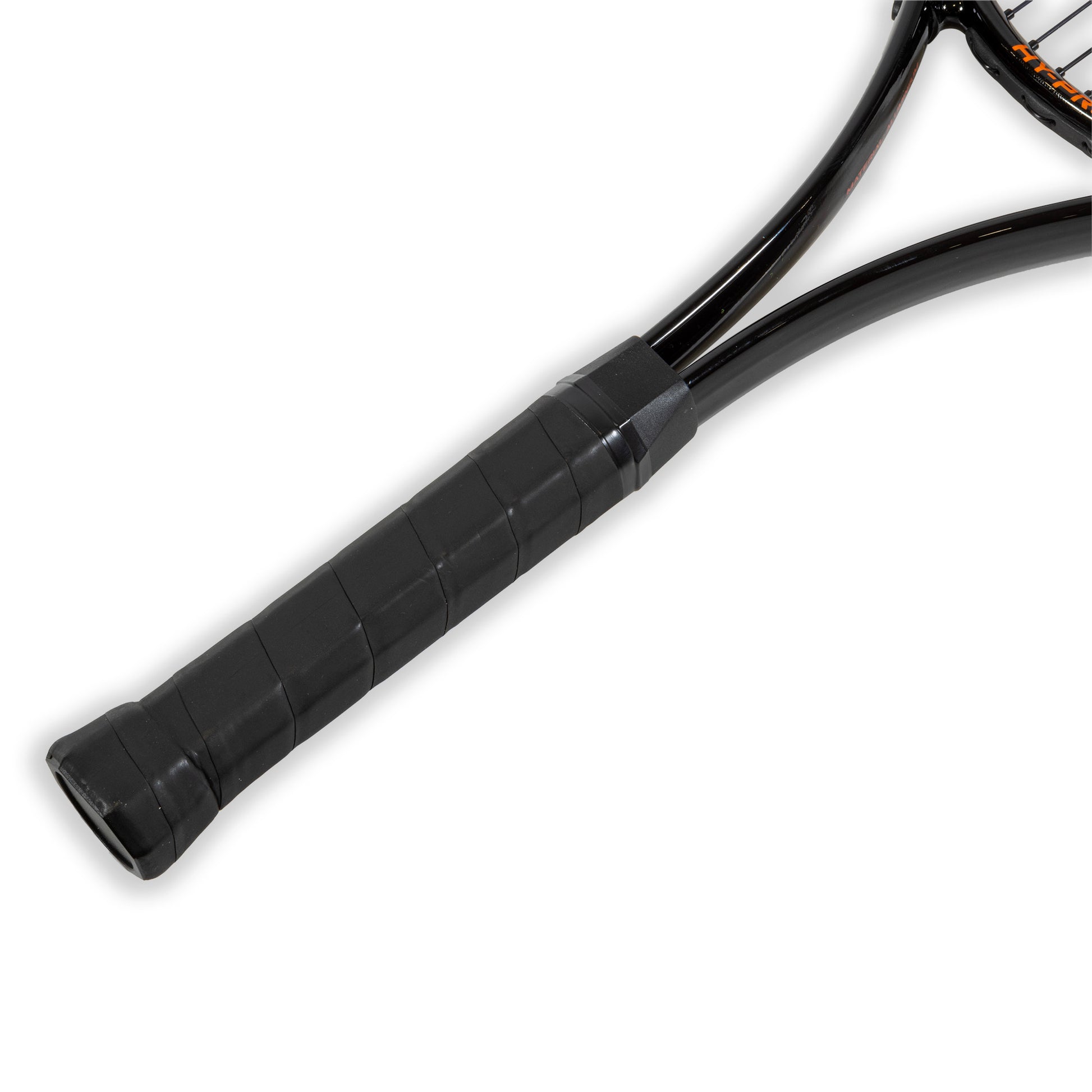 Close up of the handle and grip on hy-pro 27" tennis racket on a white background