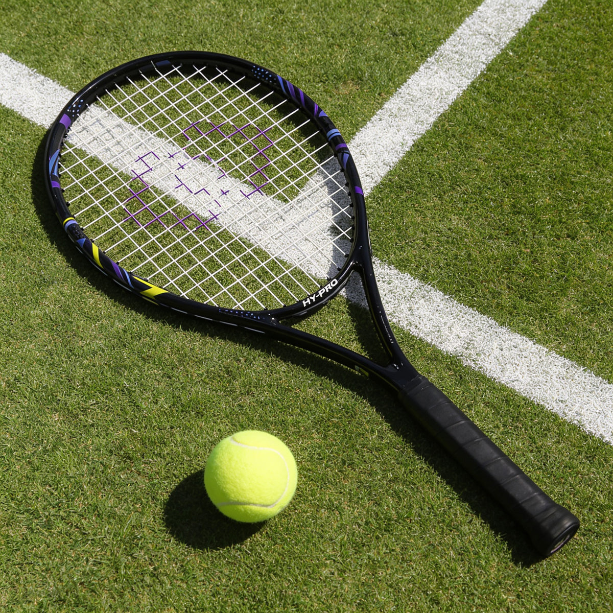 Tennis racket by hy-pro sports in blue and yellow on a tennis court next to a tennis ball